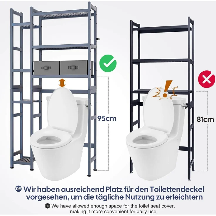 Yorbay Badregal Toilettenregal aus Bambus, Weiß WC Regal Badregal 79x23,3x166 cm, mit 2 Körben, mi 7 Ablagen, Multifunktional, Badezimmerregal, Verstellbar Badregal – Bild 8