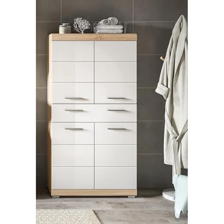 Xonox Lambada Badmidischrank (B/H/T: 74x141x31 cm) in weiß Hochglanz und Sonoma Eiche hell – Bild 7