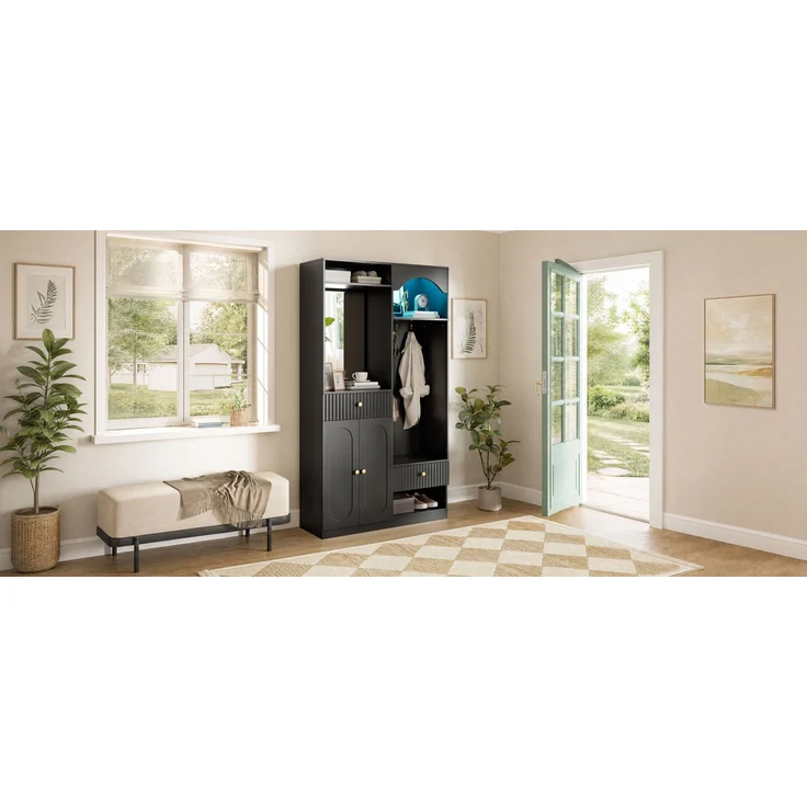 Faumrta Kompaktgarderobe mit Spiegel und Sitzbank,Flurgarderobe mit Schuhschrank und Haken, Kleiderhaken,Kompaktgarderobe,Flurmöbel Set,Flurgarderobe,LED-Streifen mit einstellbarer Farbe100CM*35CM*180CMSchwarzMDF (Medium-Density-Faserplatte) – Bild 10