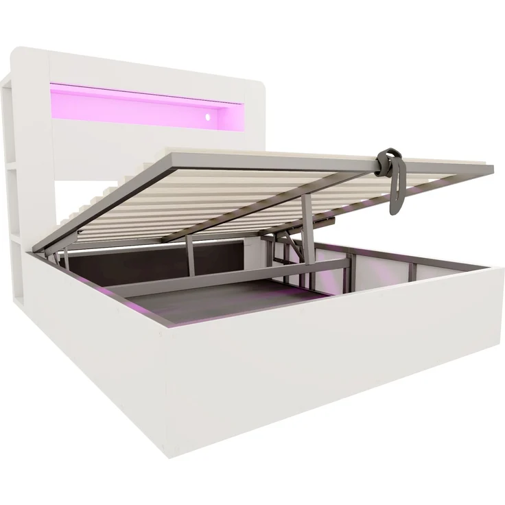 Bettgestell mit Stauraum aus Holz, hydraulischem Hubsystem, LED-Kopfteil, integrierten Steckdosen und Staufächern, modernes Plattformbett in Weiß 140*200 – Bild 10