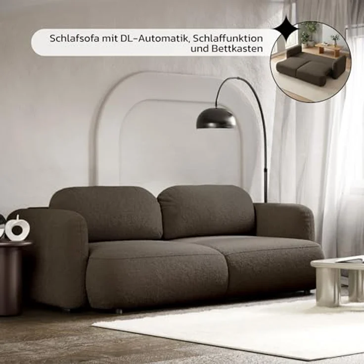 Selsey Sofa mit Schlaffunktion und Bettkasten 253x110 cm Braun Bouclé – Schlafsofa & Couch mit DL-Automatik, große Schlafcouch 165x205 cm, 3-Sitzer Sofa Bed, Polstersofa mit Stauraum – Bild 8
