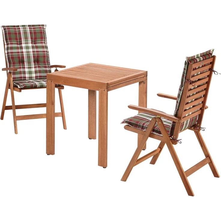 MERXX Balkonset Borkum, (5-tlg, 2x Klappsessel, inkl. Kissen, 1x Balkonausziehtisch 65(130)x65 cm), Eukalyptusholz, FSC Mix, geeignet für 2 Personen – Bild 2