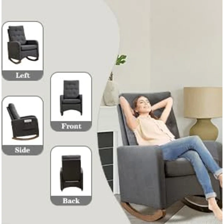 GarveeHome Gepolsterter Schaukelstuhl Mit Stoffbezug, Lesesessel Mit Seitentasche, Loungesessel Mit Hoher Rückenlehne Und Holzbeinen, Für Wohnzimmer Und Schlafzimmer, 66 x 65 x 86 cm – Bild 7