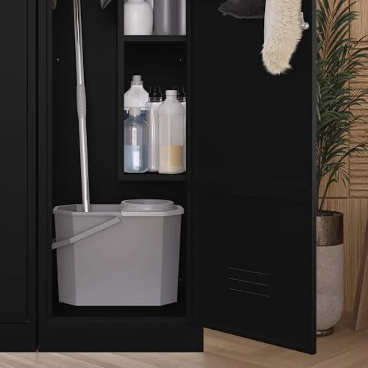 Jan Nowak Besenschrank Haushaltsschrank Metall - Agnes | 50 x 185 x 50 cm | Mehrzweckschrank Weiß mit Regale und Kleiderstange | Schloss, Belüftung | Putzschrank Schmal 50 cm Breit | Schwarz – Bild 6