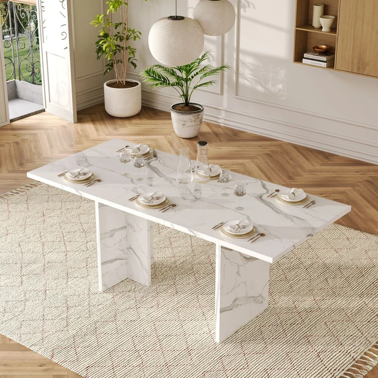 Merax Ausziehbarer Esstisch, 140/180*80 cm, geeignet für 6-8 Personen, rechteckige Form, verdickte Tischplatte, einfachen Stil,Tisch für Esszimmer, Küche, Wohnzimmer, Weißer Marmor – Bild 2