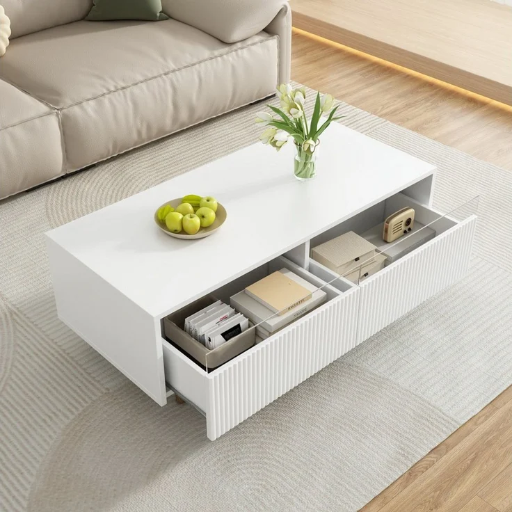 Merax Couchtisch Sofatisch Beistelltisch mit LED-Beleuchtung (1-St), Wohnzimmertisch mit 2 Schubladen & Massivholzbeinen, 110×50×40 cm – Bild 2