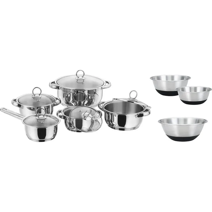 KING Topf-Set New Silver Line, Edelstahl (Set, 13-tlg, je 1 Kochtopf 16/18/20/24 cm, 1 Stieltopf 16 cm, 3 Edelstahlschüsseln), Induktion