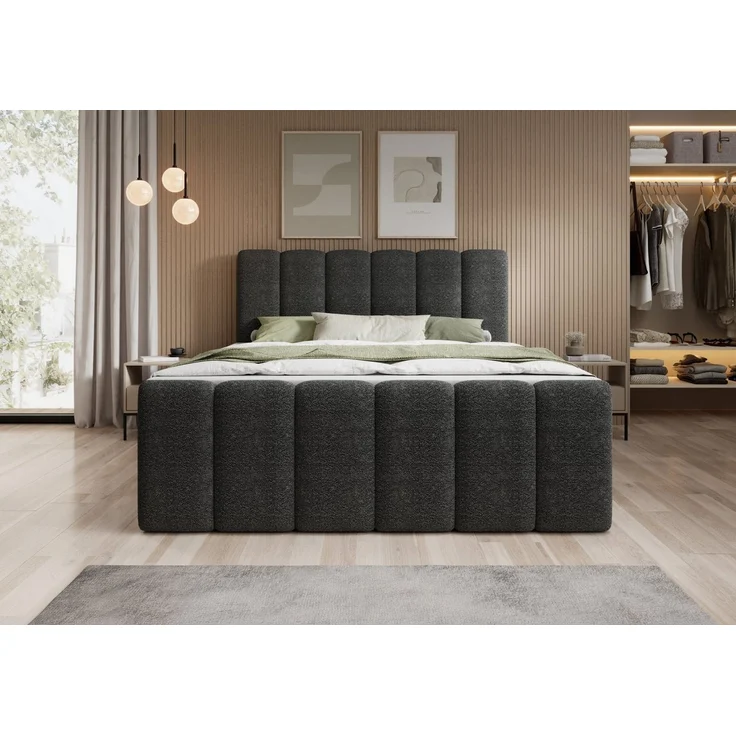 thematys Boxbett mit Bettkasten 160x200cm, mit Bonnellfederkernmatratze H3, Bouclé/Velours, mit Stauraum, mit 3 cm Topper, Dunkelgrau (Fredo 40) – Bild 2