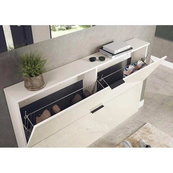 XXXL Schuhschrank Valega, Kaschmir, hängend oder stehend, 4 Schuhroste für bis zu 12 Paare, 140x85x19 cm, glänzende Glasfront – Bild 8