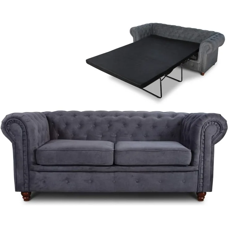 Schlafsofa Chesterfield Asti Bis 2-Sitzer, Sofa mit Schlaffunktion, Couch 2-er, Couchgarnitur, Sofagarnitur, Holzfüße - Glamour Design (Graphit (Capri 16))
