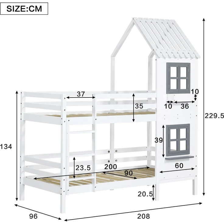 Merax Etagenbett mit Handlauf und Fenster, Hausbett, Kinderbett mit Fallschutz und Gitter, Rahmen aus Kiefer, weiß (90x200cm) – Bild 4