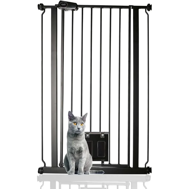 Bettacare Haustiergitter mit Verriegelbarer Katzenklappe, 75cm - 84cm, Schwarz, 104cm in der Höhe, Extra Hohes Haustier Sicherheitsgitter mit Katzenklappe, Einfache Installation