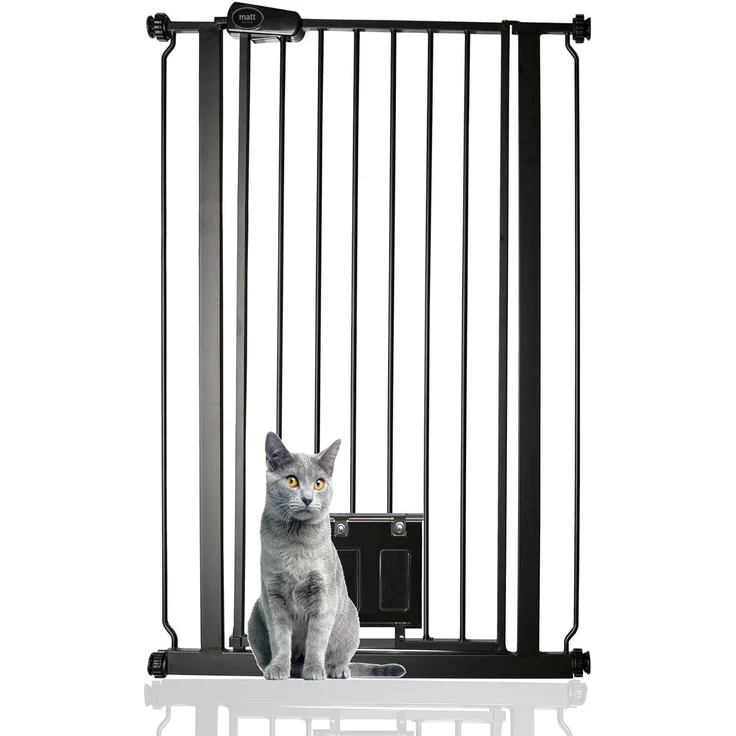 Bettacare Haustiergitter mit Verriegelbarer Katzenklappe, 75cm - 84cm, Schwarz, 104cm in der Höhe, Extra Hohes Haustier Sicherheitsgitter mit Katzenklappe, Einfache Installation