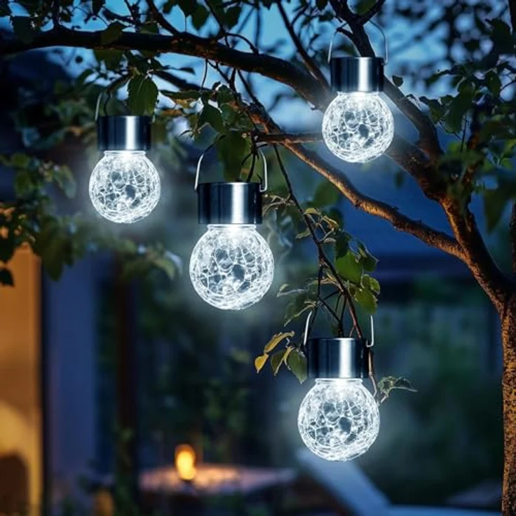 GIGALUMI 12 Stück Solar-Außenleuchten, Solar-Hängeleuchten für Weihnachtsdekoration, rissiges Glas, Solarleuchten für den Außenbereich, wasserdicht für Garten, Hof, Zaun, Baum (kaltweiß) – Bild 8