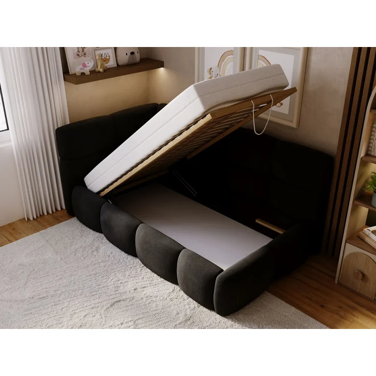 GRAINGOLD Modo One Jugendbett 90x200, Einzelbett mit Bettkasten, mit Lattenrost, Velvet-Stoff, Rechts, Schwarz – Bild 5