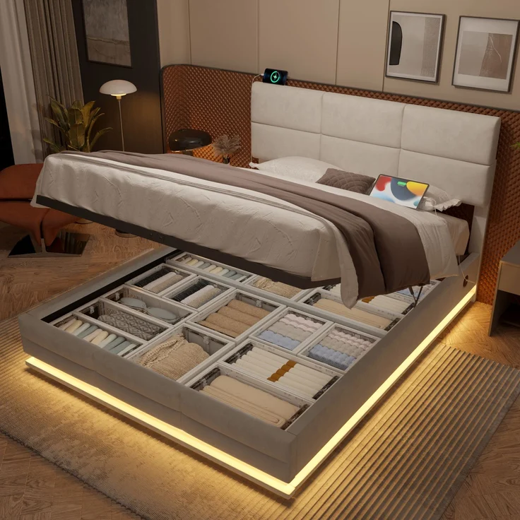 TavilaEcon Boxspringbett Modernes Polsterbett mit höhenverstellbarem Kopfteil & LED-Beleuchtung beige Liegefläche 140 × 200 cm – Bild 3