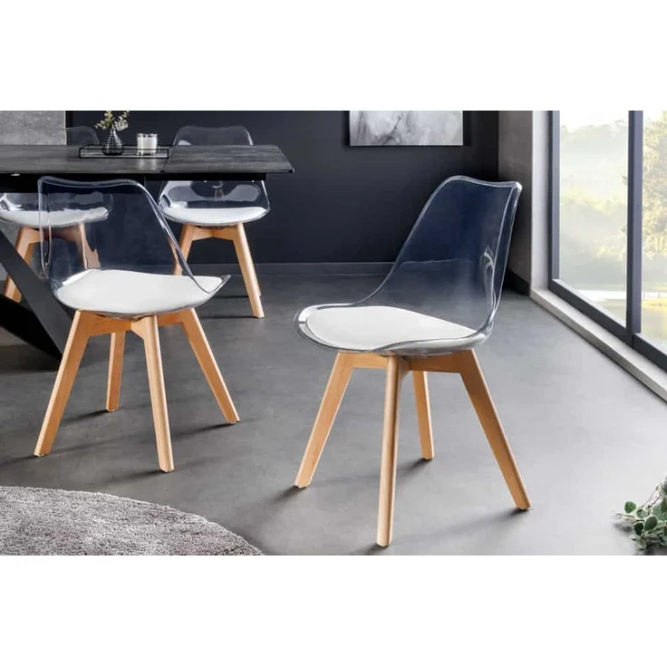 4er Set Design-Klassiker Stuhl NORWAY transparent Kunststoff weiss Buchenholz natur – Bild 2