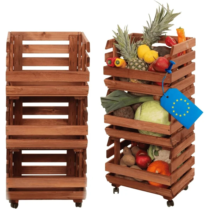 Modo24 Küchenregal Modular Holzregal für Gemüse Obst auf Rollen, Stapelbares Regalsystem, Kartoffelsteige, Küchenregal, Vorratsregal, Gemüseregal, 3 Farben