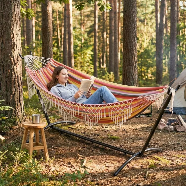 Mondeer Hängematte Gartenhängematte, mit Verstellbarem Gestell für 2 Personen,Doppelleine Fransen
