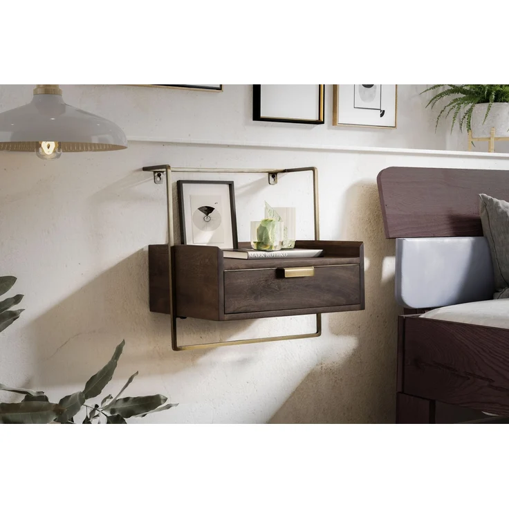FINEBUY Nachttisch FB64190 (Nachtkonsole für Wandmontage 44x35 cm Dunkelbraun), Nachtschrank Mango Massivholz, Nachtkästchen – Bild 2