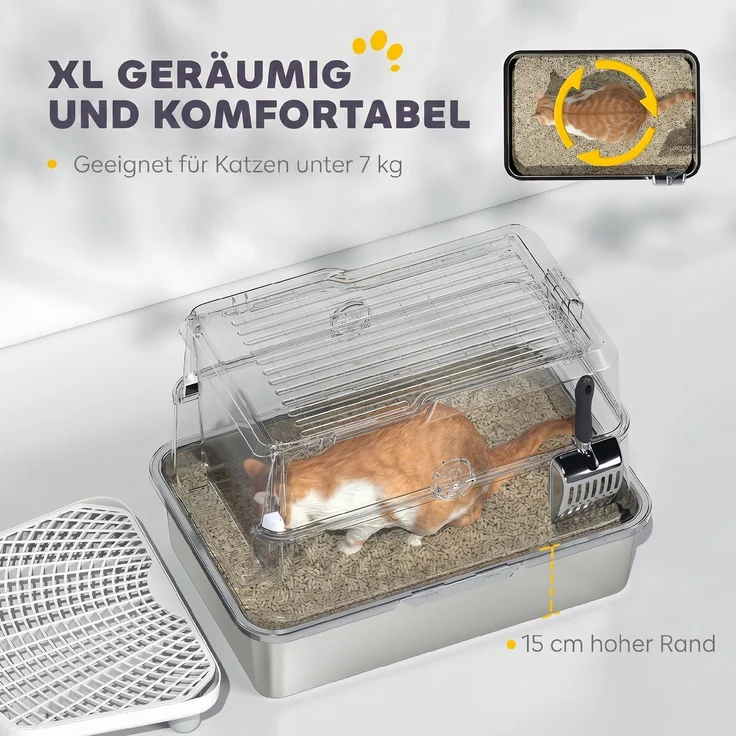 PawHut Katzenklo, Edelstahl, Kunststoff, Hellgrau, 60,2L x 40,2B x 43,3H cm – Bild 6
