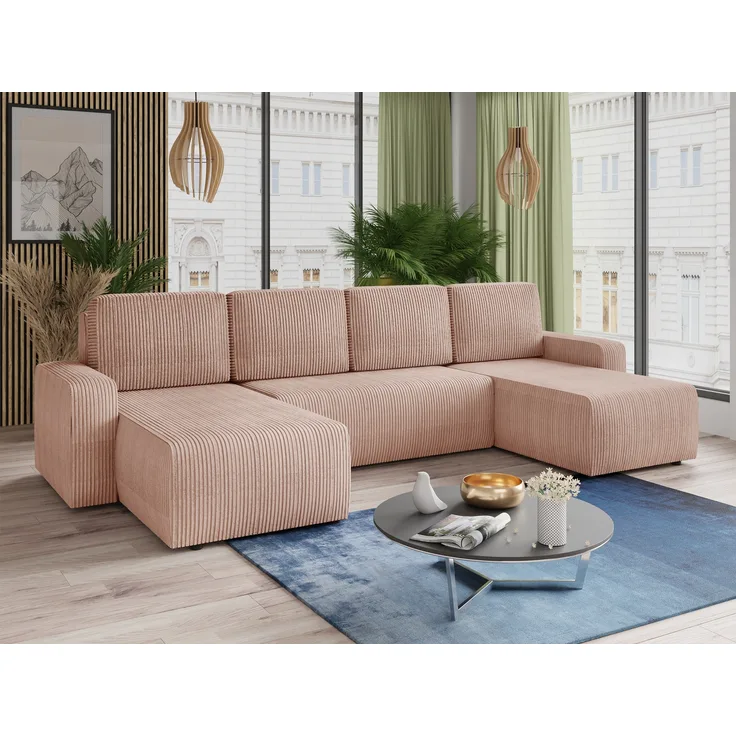 Wohnlandschaft mit Schlaffunktion Roma - U-Form Couch, Schlafsofa mit Bettkasten, Couchgranitur mit Bettfunktion, Big Sofa, Cord Stoff (Pink (Poso 052))