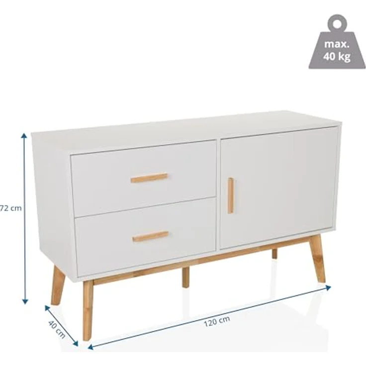 hjh LIVING Sideboard mit 2 Schubladen und 1 Tür TAROLO Kommode 120 x 40 x 72 cm Schrank im skandinavischen Stil Weiß, Fußgestell in Eiche – Bild 4