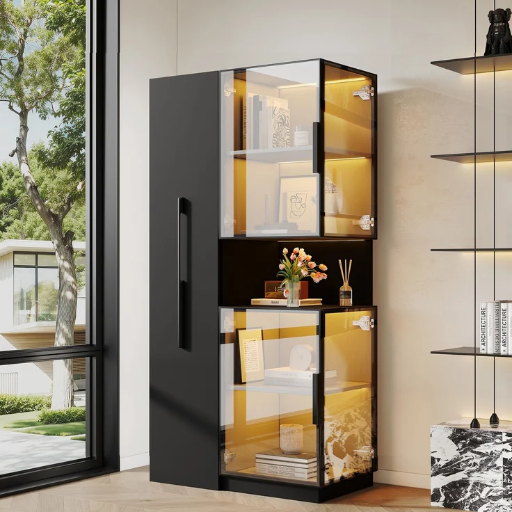 Vitrine 70x38x160 cm in Schwarz mit Hartglas, Ausziehregalen und LED-Beleuchtung – Bild 2