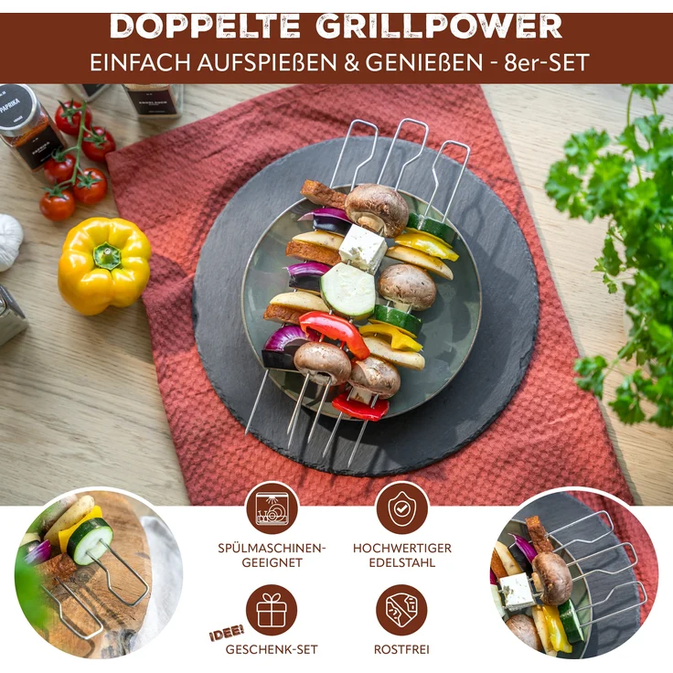 Doppel-Grillspieße 8er Set aus Edelstahl ca. 29 cm - Schaschlik-Spieße im Vorteilspack – Bild 2