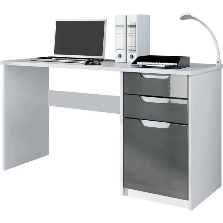 Vladon Schreibtisch Logan, Bürotisch mit 2 Schubladen und 1 Tür, Weiß matt/Grau Hochglanz (129 x 76 x 60 cm)