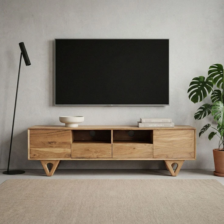 FINEBUY Lowboard FB114300 TV Board Massivholz 160cm Fernsehunterschrank Fernsehkommode (Natürliche Holzstruktur mit warmer Ausstrahlung), Clevere Aufteilung für Technik und Zubehör – Bild 2