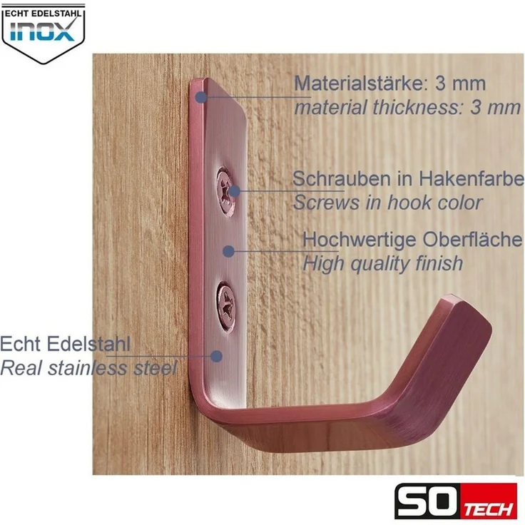 SO-TECH® Kleiderhaken Wandhaken, aus Edelstahl, 60 x 20 x 45 mm, (1-St), kleiner Jackenhaken mit abgerundeten Kanten pink – Bild 3