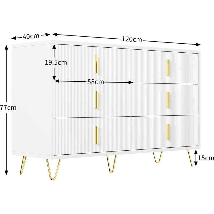 DESVIAE Sideboard mit 6 Schubladen, 120x77x40 cm, aus Spanplatte, Weiß/Gold – Bild 10