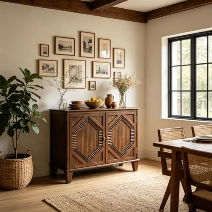 Vectis Sideboard mit Echtholzfurnier, reliefverzierte Doppeltüren & verstellbarem Einlegeboden für Eingang & Esszimmer (Walnussfarbe) – Bild 1