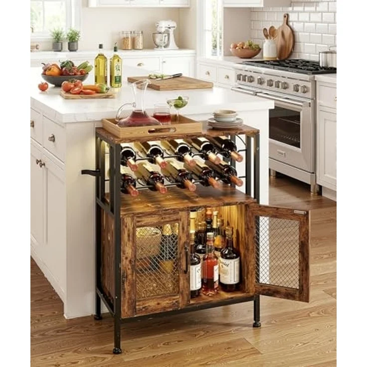 Yorbay Weinschrank Vintage mit LED Beleuchtung, Abnehmbares Weinregal für 10 Flaschen (6 Gläser Halter, Küchenschrank Sideboard 60x24x80cm) Weinständer für Küche & Esszimmer – Bild 2