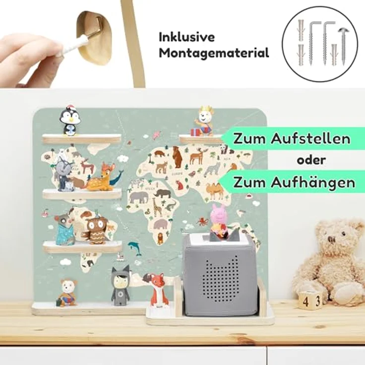stadtecken Holzregal für Musikbox I Geeignet für die Toniebox und ca. 35 Tonies I Perfekte Tonie Aufbewahrung im Kinderzimmer I Zum Aufstellen oder Aufhängen I Atlas, mit schmalen Boden – Bild 6