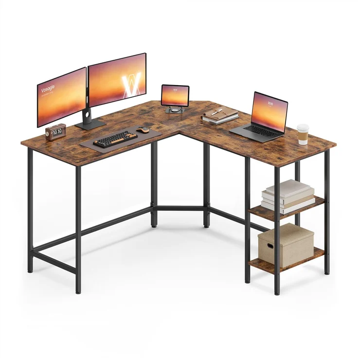 VASAGLE Schreibtisch, L-förmiger Computertisch, 130 x 130 x 76 cm, Eckschreibtisch mit 2 Ablagen, platzsparender Bürotisch, Homeoffice, Gaming, vintagebraun-tintenschwarz LWD123K01V1