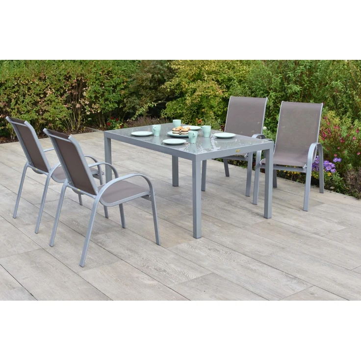 Amalfi Gartenmöbel Set 5tlg, 4 Stapelsessel, Tisch 150 x 90 cm, taupe, Aluminium/Textil – Bild 2