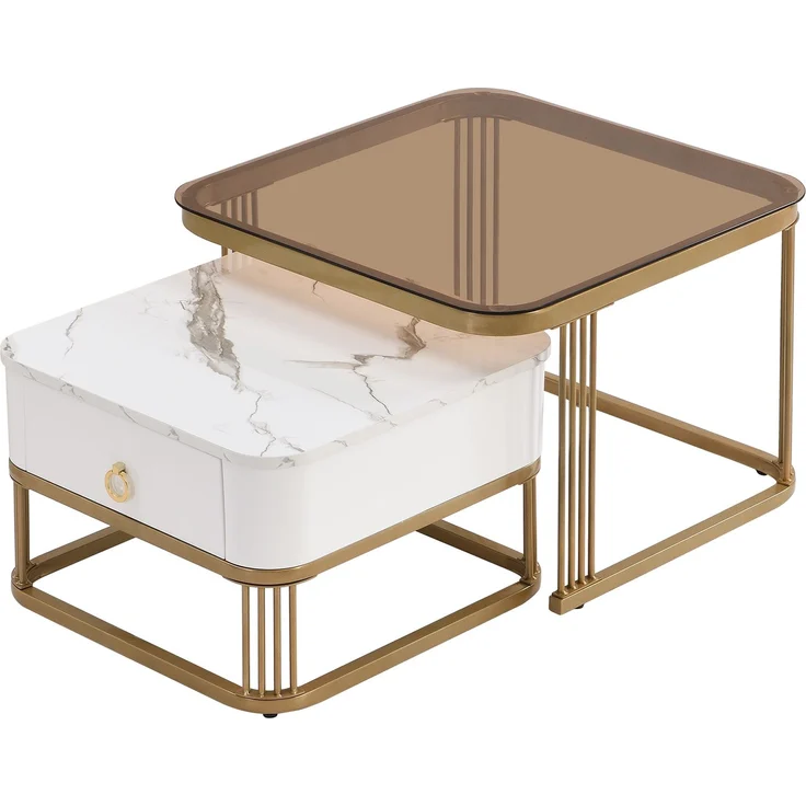 Couchtisch set 60×60+50×50 cm Hochglanz Marmoroptik Weiß und Gold und Teebraun,Kaffeetisch mit Schublade – Bild 9