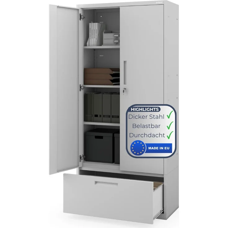 Metallschrank mit Hohe Schublade RUEL - 195x90x40cm Grau | Büroschrank Aktenschrank Stahlschrank Fachbodenschrank Werkstattschrank – Bild 1