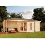 Alpholz 5-Eck Gartenhaus Liwa mit Anbau Gartenhaus aus Holz Holzhaus mit 28 mm Wandstärke inklusive Terrasse Blockbohlenhaus mit Montagematerial