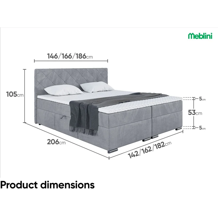 MEBLINI Boxspringbett MALDINI 140x200cm - H3P/Grau Samt - mit Bettkasten - Polsterbett - Doppelbett mit Topper & Taschenfederkern-Matratze – Bild 7