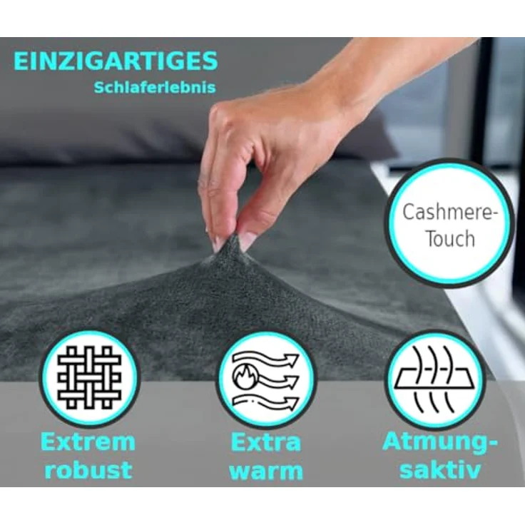 MALIKA® Premium warme Spannbettlaken Cashmere-Touch Bettlaken Jersey Fleece Spannbetttuch Laken, Farbe:Anthrazit, Größe:120x200 cm – Bild 3