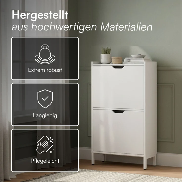 Bellamio 'Ceyhan' Schuhschrank mit 2 Klappen, schmales Schuhregal, weiß, 50x19x90 cm, Schuhkipper für 4 paar Schuhe – Bild 5