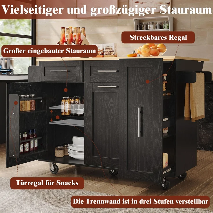 Kücheninsel Schwarz klappbarer Küchenwagen mit multifunktionalem Stauraum mit Holzmaserung, Zinkgriffe, verstellbare Schränke – Bild 4