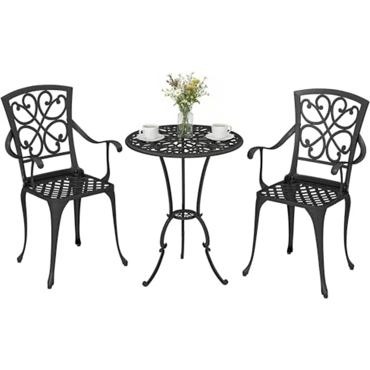 Outsunny Balkonset mit 2 Stühlen, Sonnenschirmloch, (Garten Bistro Set, 3-tlg, Antik Bistro Gartenmöbel), für Garten Terrasse Schwarz