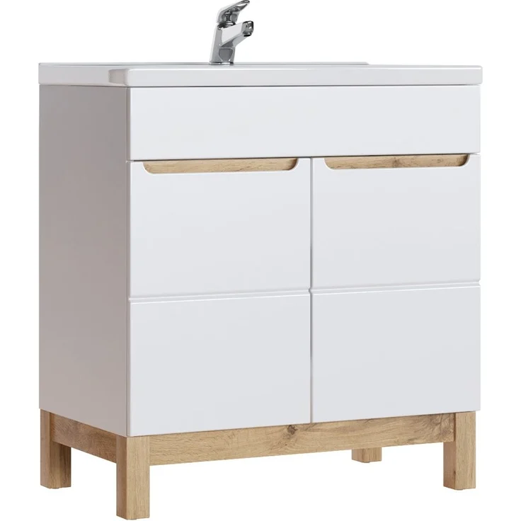 Badezimmermöbel Set mit 80cm Waschtisch & LED-Spiegelschrank SOLNA-56 in Hochglanz weiß, B/H/T ca.: 130/200/46 cm – Bild 2