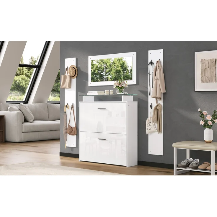 89.5*23*96.5cm Garderoben-Set 4-teilig mit Spiegel,2 Hutablage und Hochglanz Schuhschrank. Flur Garderobenständer Kleiderständer Set,Flurgarderoben Set,Kompaktgarderobe mit 8 Kleiderhaken,Weiß--Weiß--89.5x23x96.5cm--YOUDENOVA – Bild 9