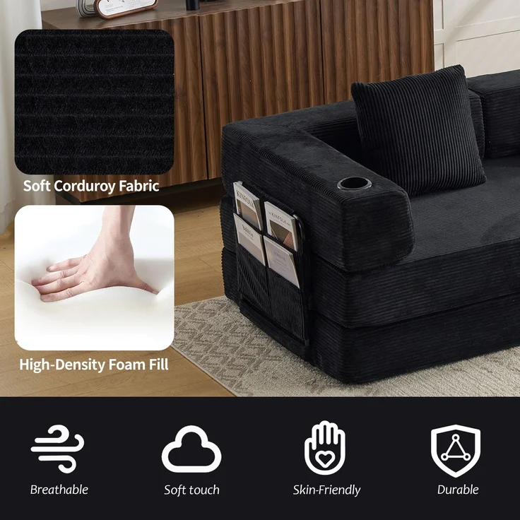 Klappbares Bodenschlafsofa mit Getränkehaltern und Seitentaschen, faltbare Cord-Futoncouch ohne Montage für Wohn- und Gästezimmer, Schwarz – Bild 4