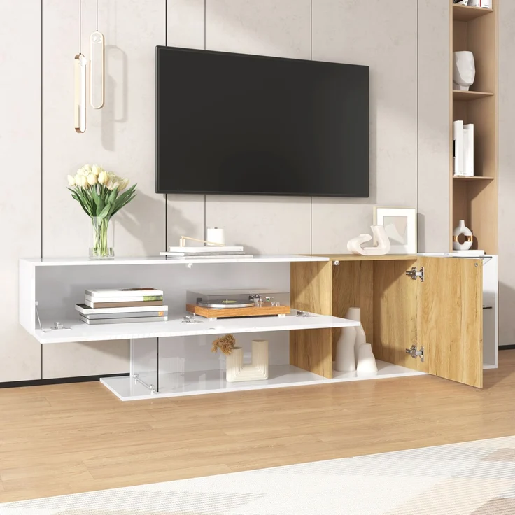 TV-Schrank 180 cm in Weiß Hochglanz mit Holzoptik, Lowboard mit Türen und Glasregalen – Bild 1